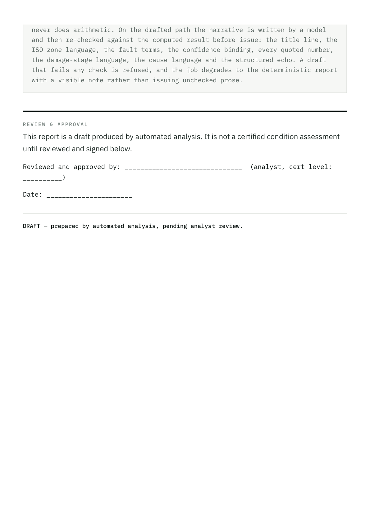 Report page 22: the provenance panel and the review and approval signature block.
